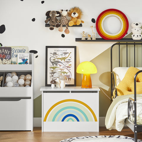 SoBuy KMB70-W Speelgoedkist voor Kinderen, Speelgoed Opbergdoos, Opbergkist met Scharnierend Deksel, Regenboogdesign, Kinderboekenplank