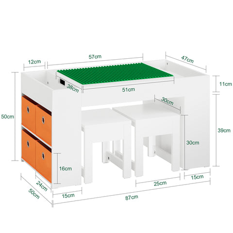 SoBuy KMB75-W Kinderbureauset, Kindertafel met 2 Stoelen, Bouwtafelset met 2 Stoelen, Kinderbureau met 8 Opbergbakken, Speeltafel, Peuters Tafel