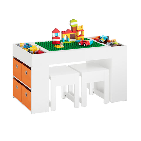 SoBuy KMB75-W Kinderbureauset, Kindertafel met 2 Stoelen, Bouwtafelset met 2 Stoelen, Kinderbureau met 8 Opbergbakken, Speeltafel, Peuters Tafel