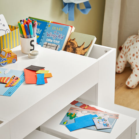 SoBuy KMB75-W Kinderbureauset, Kindertafel met 2 Stoelen, Bouwtafelset met 2 Stoelen, Kinderbureau met 8 Opbergbakken, Speeltafel, Peuters Tafel