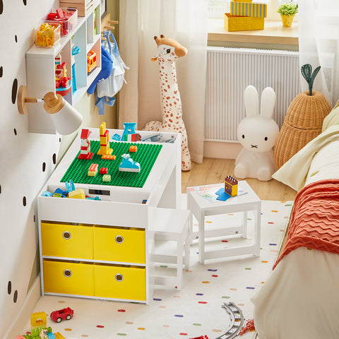 SoBuy KMB75-W Kinderbureauset, Kindertafel met 2 Stoelen, Bouwtafelset met 2 Stoelen, Kinderbureau met 8 Opbergbakken, Speeltafel, Peuters Tafel