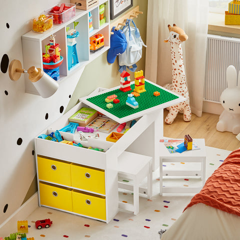 SoBuy KMB75-W Kinderbureauset, Kindertafel met 2 Stoelen, Bouwtafelset met 2 Stoelen, Kinderbureau met 8 Opbergbakken, Speeltafel, Peuters Tafel