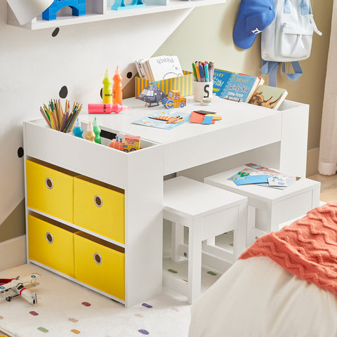 SoBuy KMB75-W Kinderbureauset, Kindertafel met 2 Stoelen, Bouwtafelset met 2 Stoelen, Kinderbureau met 8 Opbergbakken, Speeltafel, Peuters Tafel