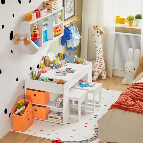 SoBuy KMB75-W Kinderbureauset, Kindertafel met 2 Stoelen, Bouwtafelset met 2 Stoelen, Kinderbureau met 8 Opbergbakken, Speeltafel, Peuters Tafel