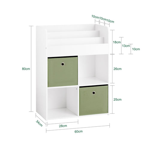 SoBuy KMB79-W Kinderboekenkast met 3 Planken, met 4 Opbergvakken en 2 Stoffen Dozen, Boekenkast voor Kinderen, Boekenplank, Boekenrek, Speelgoedplank