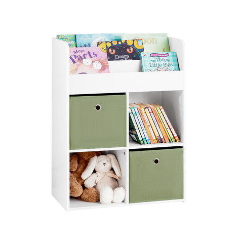 SoBuy KMB79-W Kinderboekenkast met 3 Planken, met 4 Opbergvakken en 2 Stoffen Dozen, Boekenkast voor Kinderen, Boekenplank, Boekenrek, Speelgoedplank