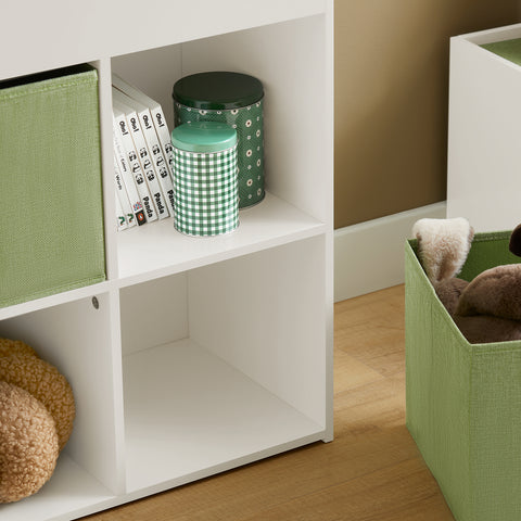 SoBuy KMB79-W Kinderboekenkast met 3 Planken, met 4 Opbergvakken en 2 Stoffen Dozen, Boekenkast voor Kinderen, Boekenplank, Boekenrek, Speelgoedplank
