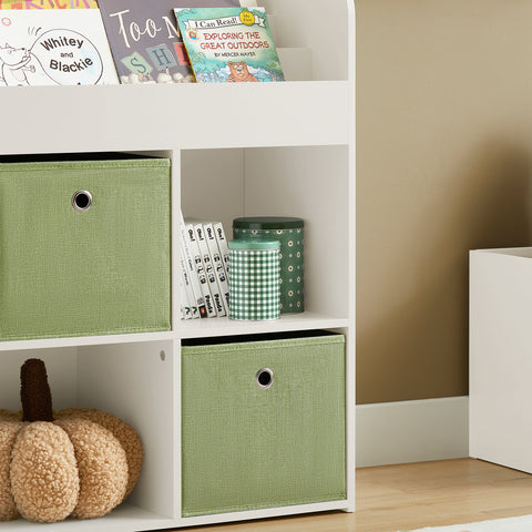 SoBuy KMB79-W Kinderboekenkast met 3 Planken, met 4 Opbergvakken en 2 Stoffen Dozen, Boekenkast voor Kinderen, Boekenplank, Boekenrek, Speelgoedplank