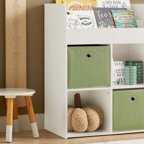 SoBuy KMB79-W Kinderboekenkast met 3 Planken, met 4 Opbergvakken en 2 Stoffen Dozen, Boekenkast voor Kinderen, Boekenplank, Boekenrek, Speelgoedplank