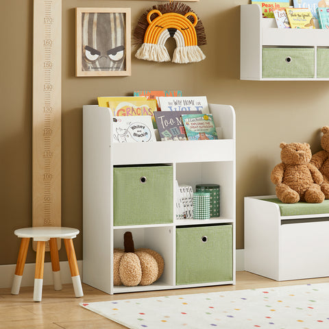 SoBuy KMB79-W Kinderboekenkast met 3 Planken, met 4 Opbergvakken en 2 Stoffen Dozen, Boekenkast voor Kinderen, Boekenplank, Boekenrek, Speelgoedplank