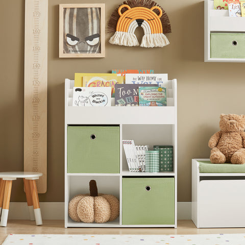 SoBuy KMB79-W Kinderboekenkast met 3 Planken, met 4 Opbergvakken en 2 Stoffen Dozen, Boekenkast voor Kinderen, Boekenplank, Boekenrek, Speelgoedplank