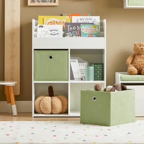SoBuy KMB79-W Kinderboekenkast met 3 Planken, met 4 Opbergvakken en 2 Stoffen Dozen, Boekenkast voor Kinderen, Boekenplank, Boekenrek, Speelgoedplank