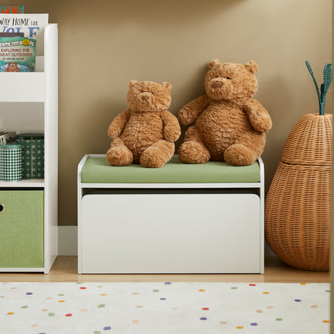 SoBuy KMB80-W Speelgoedkist voor Kinderen, Speelgoed Opbergdoos, Speelgoedkist Bank voor Kinderen, Kinderboekenplank, Opbergkast met 1 Lade op Wielen en Gewatteerde Zitting met Kussen