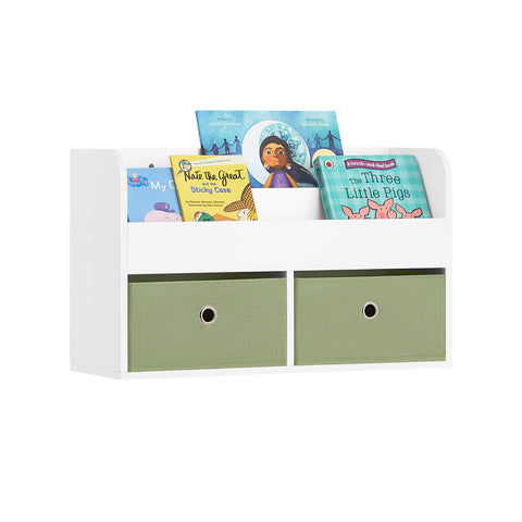 SoBuy KMB81-W Wandplank voor Kinder, Hangende Opbergplank, Kinderkapstok, Boekenplank, Wand Boekenkast met 2 Planken en 2 Opbergdozen