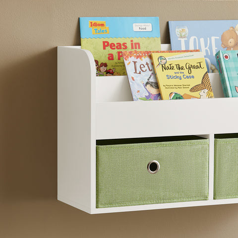 SoBuy KMB81-W Wandplank voor Kinder, Hangende Opbergplank, Kinderkapstok, Boekenplank, Wand Boekenkast met 2 Planken en 2 Opbergdozen