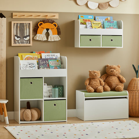 SoBuy KMB80-W Speelgoedkist voor Kinderen, Speelgoed Opbergdoos, Speelgoedkist Bank voor Kinderen, Kinderboekenplank, Opbergkast met 1 Lade op Wielen en Gewatteerde Zitting met Kussen