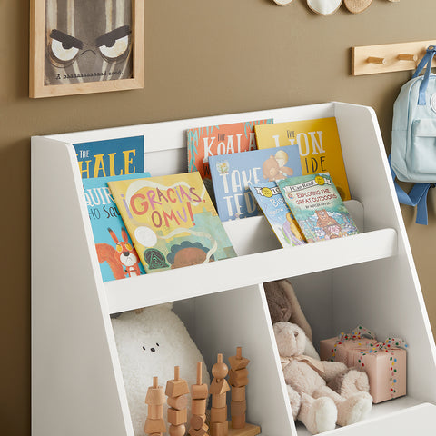 SoBuy KMB83-W Kinderboekenkast met 3 Planken, 2 Open Vakken en 1 Lade op Wielen, Boekenkast voor Kinderen, Boekenplank, Boekenrek, Speelgoedplank