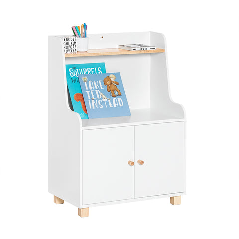 SoBuy KMB84-W Kinderboekenkast met 1 Plank, 1 Open Vakken en 2 Deuren, Boekenkast, Boekenplank, Boekenrek, Speelgoedkast