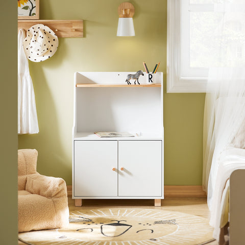 SoBuy KMB84-W Kinderboekenkast met 1 Plank, 1 Open Vakken en 2 Deuren, Boekenkast, Boekenplank, Boekenrek, Speelgoedkast