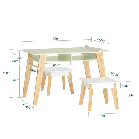SoBuy KMB92-GR Kinderbureauset, Kindertafel + 2 Kinderkrukjes, Kindertafel,  Kindermeubels, met 2 Open Compartiment