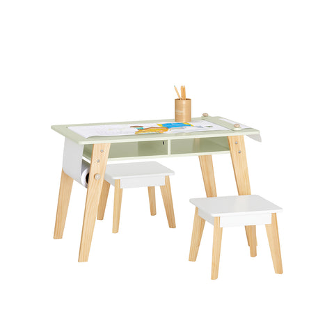 SoBuy KMB92-GR Kinderbureauset, Kindertafel + 2 Kinderkrukjes, Kindertafel,  Kindermeubels, met 2 Open Compartiment