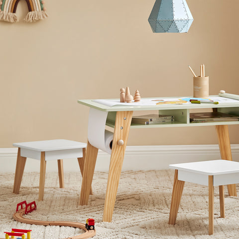 SoBuy KMB92-GR Kinderbureauset, Kindertafel + 2 Kinderkrukjes, Kindertafel,  Kindermeubels, met 2 Open Compartiment
