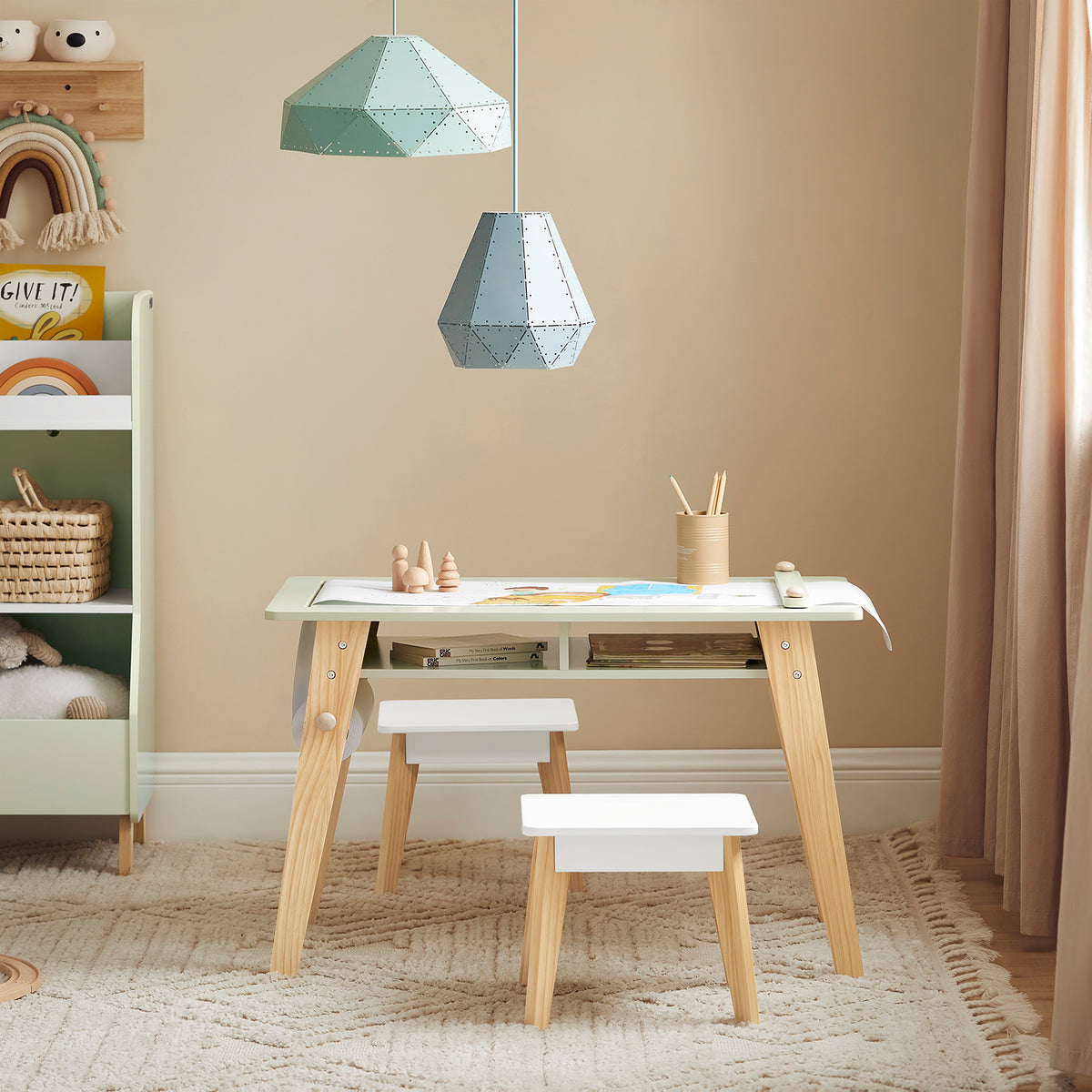 KMB88-HG Kinderbureauset, Kindertafel En 2 Stoelen Bureautafelset Voor Kinderen Met 2 Stoelen Kinderbureau Met 2 Zij Boekenplanken Kindertafel Kinderstudietafel