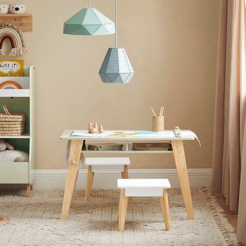 SoBuy KMB92-GR Kinderbureauset, Kindertafel + 2 Kinderkrukjes, Kindertafel,  Kindermeubels, met 2 Open Compartiment