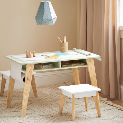 SoBuy KMB92-GR Kinderbureauset, Kindertafel + 2 Kinderkrukjes, Kindertafel,  Kindermeubels, met 2 Open Compartiment