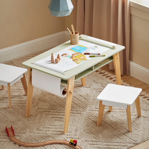 SoBuy KMB92-GR Kinderbureauset, Kindertafel + 2 Kinderkrukjes, Kindertafel,  Kindermeubels, met 2 Open Compartiment