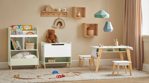 SoBuy KMB92-GR Kinderbureauset, Kindertafel + 2 Kinderkrukjes, Kindertafel,  Kindermeubels, met 2 Open Compartiment