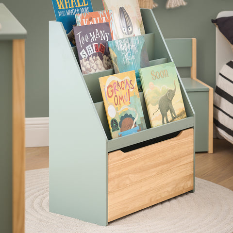 SoBuy KMB95-GR Boekenrek voor kinderen, opbergkast voor kinderen voor speelgoed en boeken, 4 vakken en 1 lade met wieltjes
