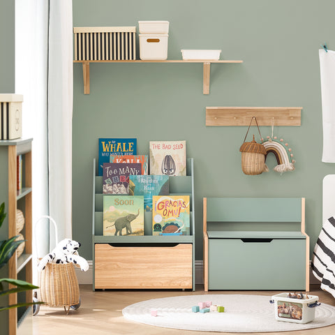 SoBuy KMB95-GR Boekenrek voor kinderen, opbergkast voor kinderen voor speelgoed en boeken, 4 vakken en 1 lade met wieltjes