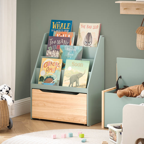 SoBuy KMB95-GR Boekenrek voor kinderen, opbergkast voor kinderen voor speelgoed en boeken, 4 vakken en 1 lade met wieltjes