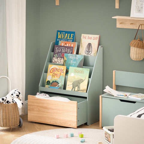 SoBuy KMB95-GR Boekenrek voor kinderen, opbergkast voor kinderen voor speelgoed en boeken, 4 vakken en 1 lade met wieltjes