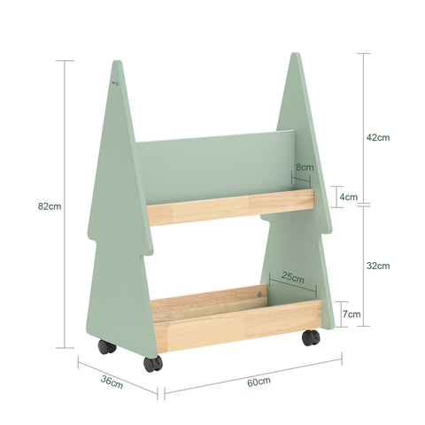 SoBuy KMB99-GR Kinderboekenkast met wieltjes, boekenrek voor kinderkamer, met 3 planken en 4 wielen, natuurgroen, 60 x 36 x 82 cm