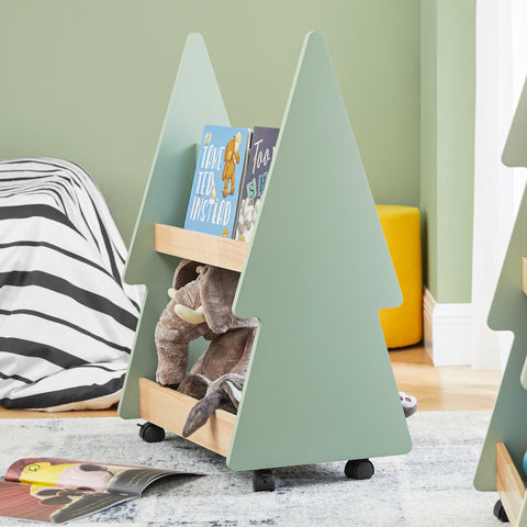 SoBuy KMB99-GR Kinderboekenkast met wieltjes, boekenrek voor kinderkamer, met 3 planken en 4 wielen, natuurgroen, 60 x 36 x 82 cm
