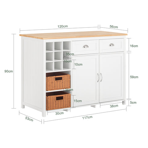 SoBuy KNL05-W Keukeneiland, Keukenkast, Keuken Werktafel, Dressoir, met Flessenhouder voor 9 Flessen, 2 Lades, 2 Deuren en 2 Rotanmanden