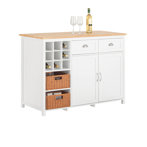 SoBuy KNL05-W Keukeneiland, Keukenkast, Keuken Werktafel, Dressoir, met Flessenhouder voor 9 Flessen, 2 Lades, 2 Deuren en 2 Rotanmanden