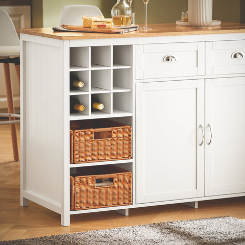 SoBuy KNL05-W Keukeneiland, Keukenkast, Keuken Werktafel, Dressoir, met Flessenhouder voor 9 Flessen, 2 Lades, 2 Deuren en 2 Rotanmanden