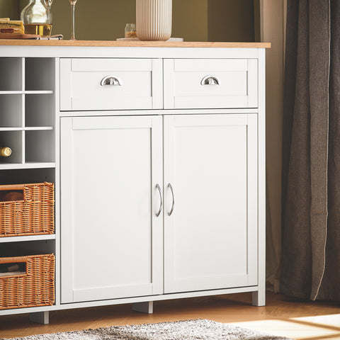 SoBuy KNL05-W Keukeneiland, Keukenkast, Keuken Werktafel, Dressoir, met Flessenhouder voor 9 Flessen, 2 Lades, 2 Deuren en 2 Rotanmanden