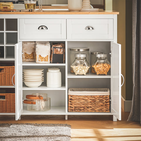 SoBuy KNL05-W Keukeneiland, Keukenkast, Keuken Werktafel, Dressoir, met Flessenhouder voor 9 Flessen, 2 Lades, 2 Deuren en 2 Rotanmanden