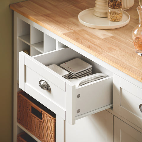 SoBuy KNL05-W Keukeneiland, Keukenkast, Keuken Werktafel, Dressoir, met Flessenhouder voor 9 Flessen, 2 Lades, 2 Deuren en 2 Rotanmanden