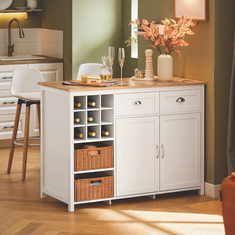 SoBuy KNL05-W Keukeneiland, Keukenkast, Keuken Werktafel, Dressoir, met Flessenhouder voor 9 Flessen, 2 Lades, 2 Deuren en 2 Rotanmanden