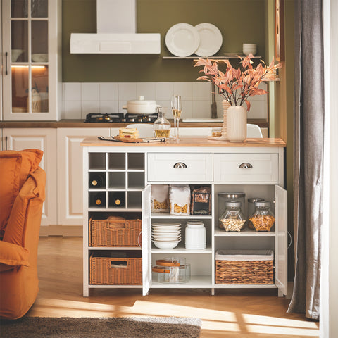SoBuy KNL05-W Keukeneiland, Keukenkast, Keuken Werktafel, Dressoir, met Flessenhouder voor 9 Flessen, 2 Lades, 2 Deuren en 2 Rotanmanden