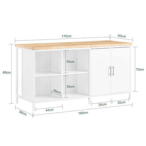 SoBuy KNL09-WN Centraal keukeneiland met werkblad van rubberhout, keukenkast met 2 deuren, 4 vakken, 170 x 60 x 89 cm, wit