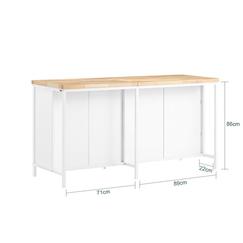 SoBuy KNL09-WN Centraal keukeneiland met werkblad van rubberhout, keukenkast met 2 deuren, 4 vakken, 170 x 60 x 89 cm, wit