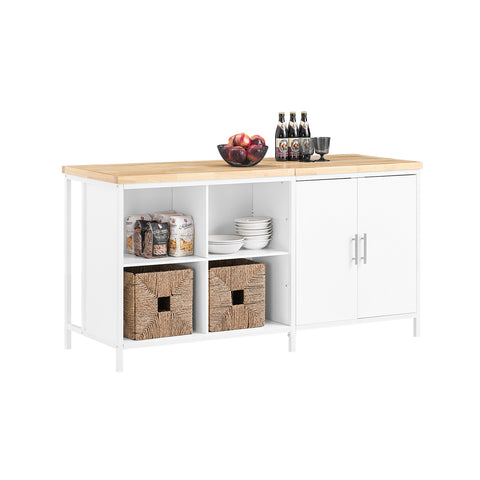SoBuy KNL09-WN Centraal keukeneiland met werkblad van rubberhout, keukenkast met 2 deuren, 4 vakken, 170 x 60 x 89 cm, wit