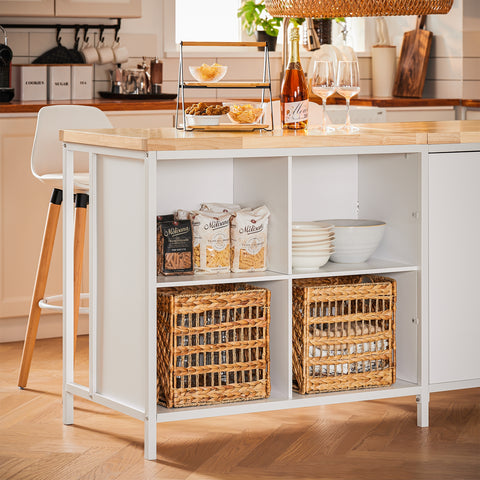 SoBuy KNL09-WN Centraal keukeneiland met werkblad van rubberhout, keukenkast met 2 deuren, 4 vakken, 170 x 60 x 89 cm, wit