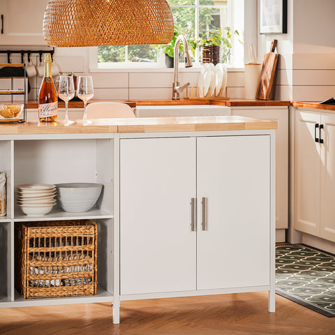 SoBuy KNL09-WN Centraal keukeneiland met werkblad van rubberhout, keukenkast met 2 deuren, 4 vakken, 170 x 60 x 89 cm, wit